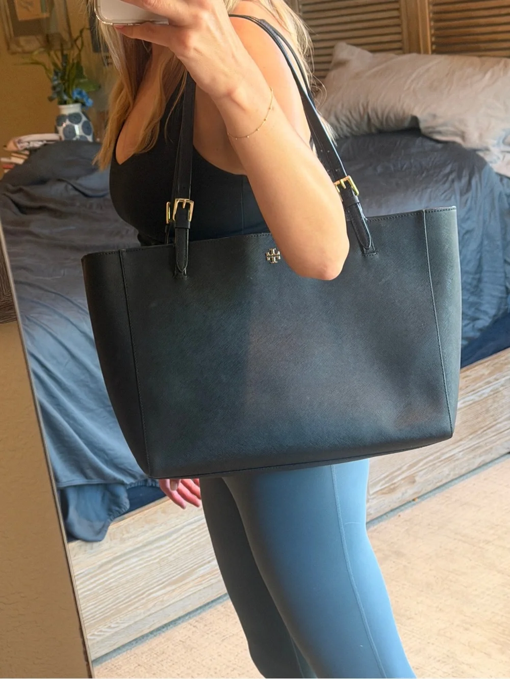 Tory Burch Black Leather Tote with Gold Logo and Hardware